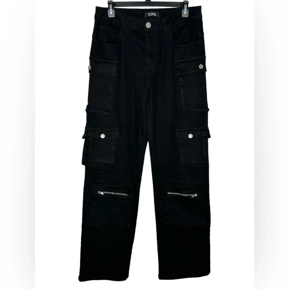 TELEPATIA  Jeans Denim Cargo‎ High Rise Stretch BLACK size 13/31